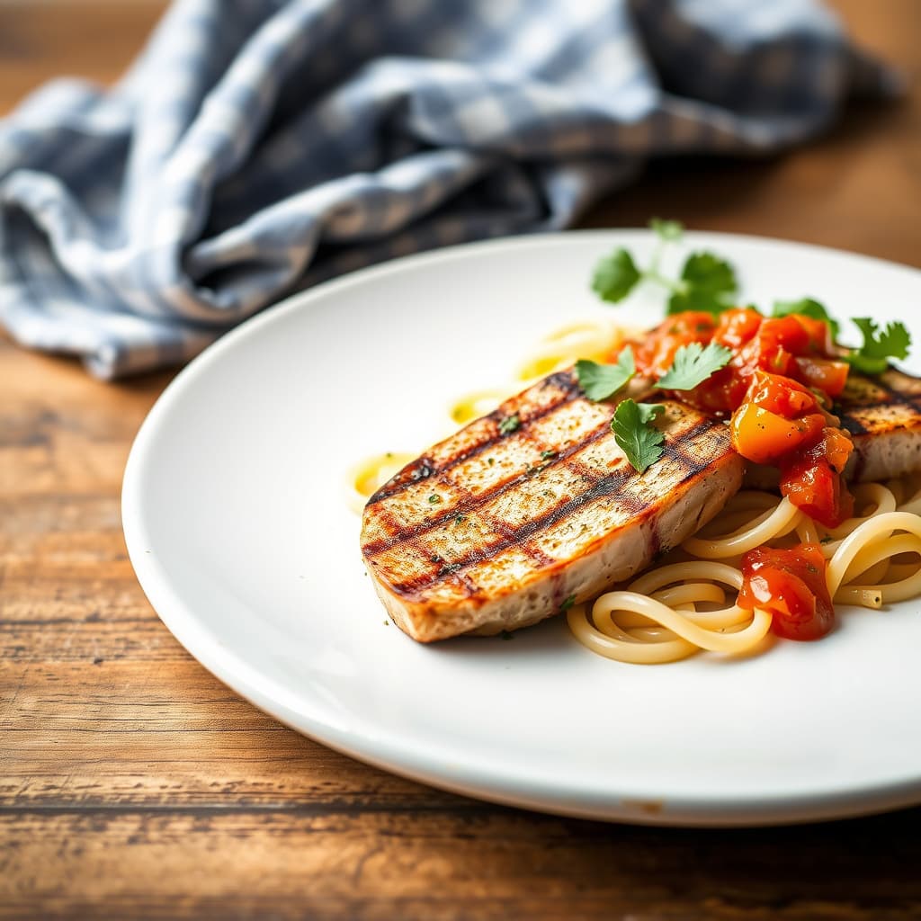 Grillet makohajsteak med hjemmelaget pasta og tomatchutney med et sting