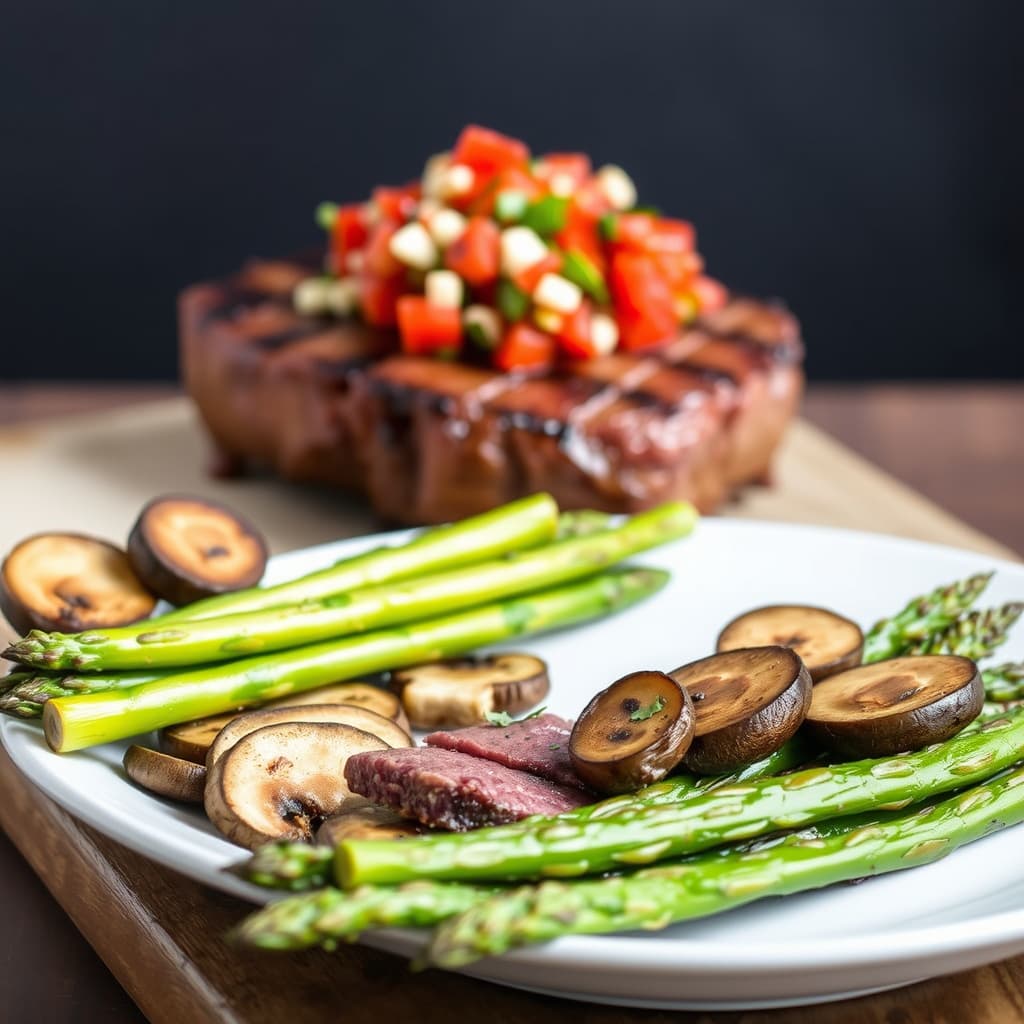 Grillet New York Strip-steak med ildrøst salsa og grillede sopp og asparges