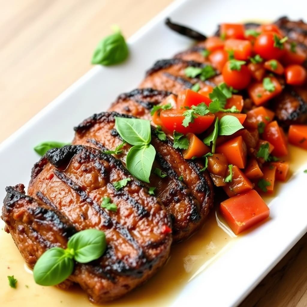 Grillet oksebraciole med grillede tomat- og basilikumrelish
