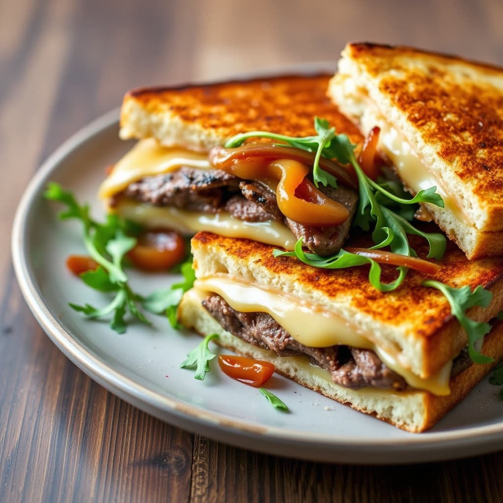 Grillet ost og short rib-sandwich med syltede, karamelliserte løk og ruccola