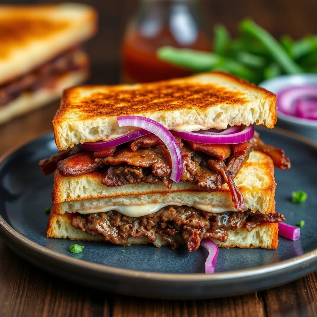 Grillet ostesmørbrød med trevlet short ribs og sylteagurkede rødløk