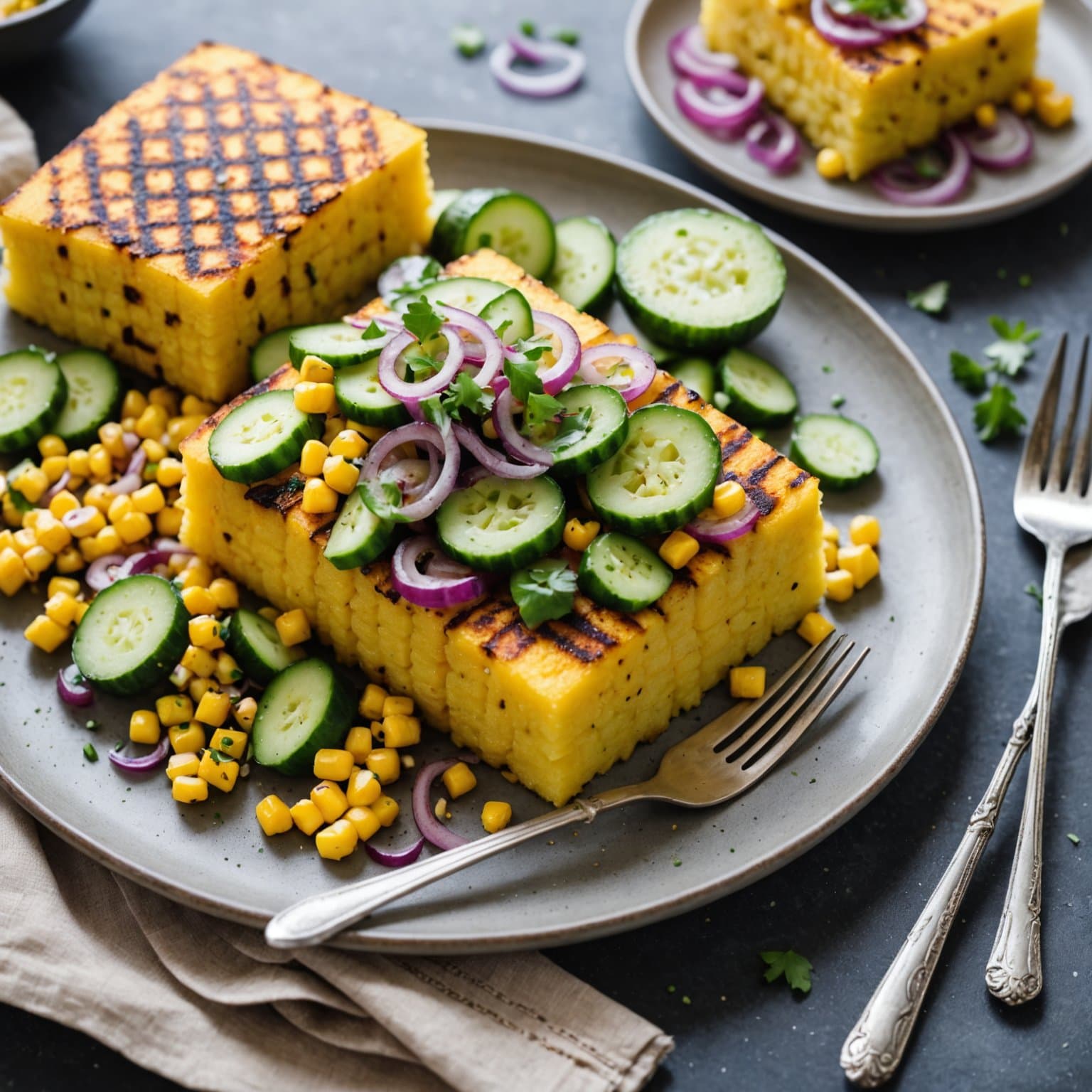 Grillet polenta med mais, rødløk og agurksalat