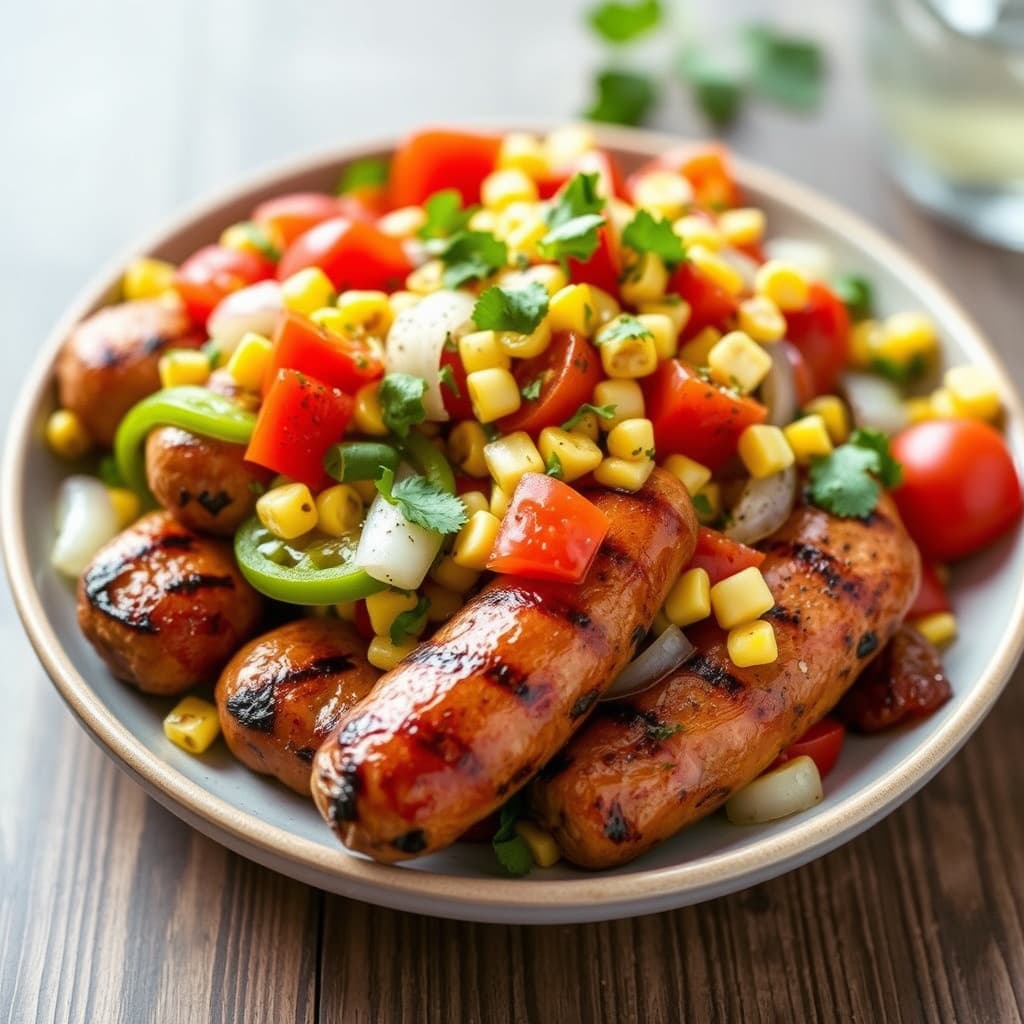 Grillet pølse med paprika, løk, mais og tomatsalat