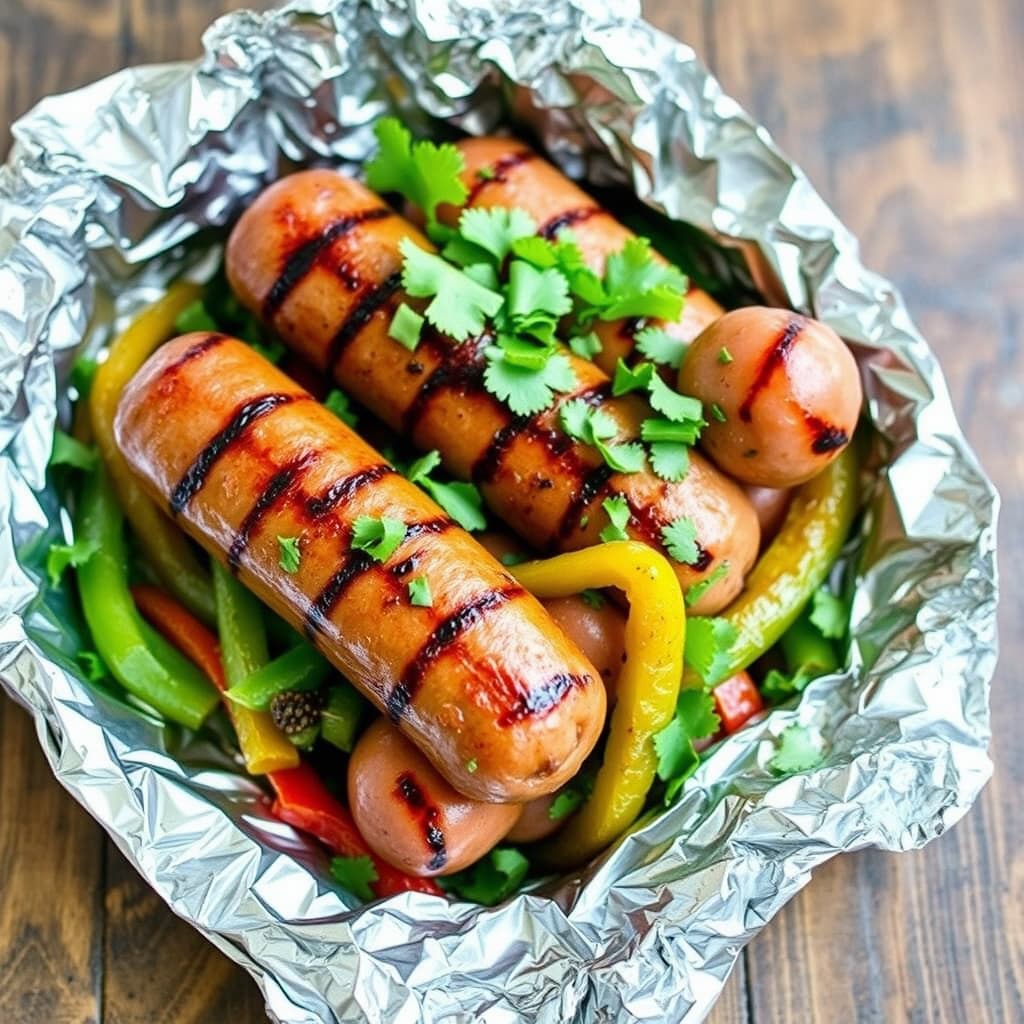 Grillet pølse- og paprika-pakke i folie