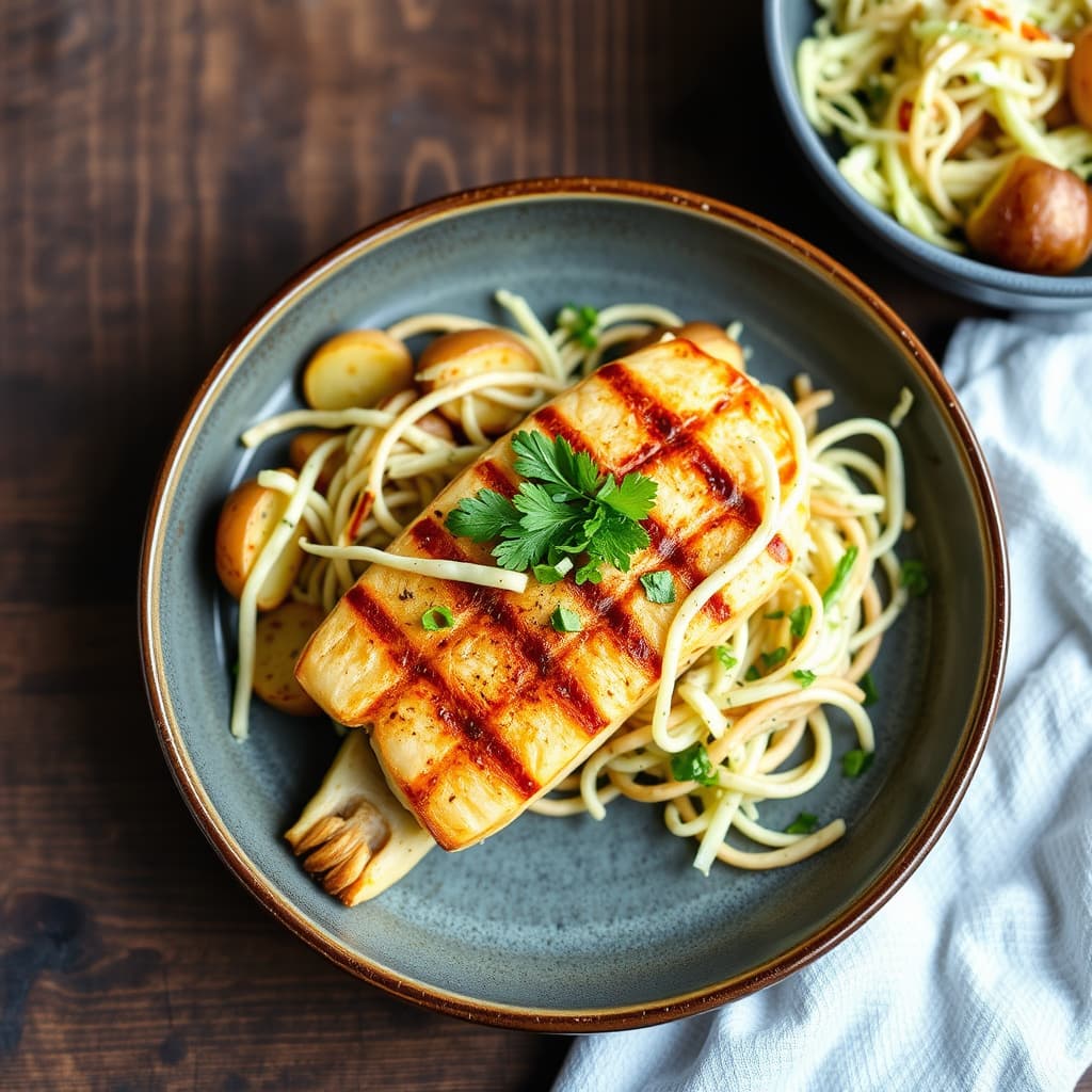 Grillet ponzu-jerk gulhale snapper med ingefærkål og pommes frites i skiver