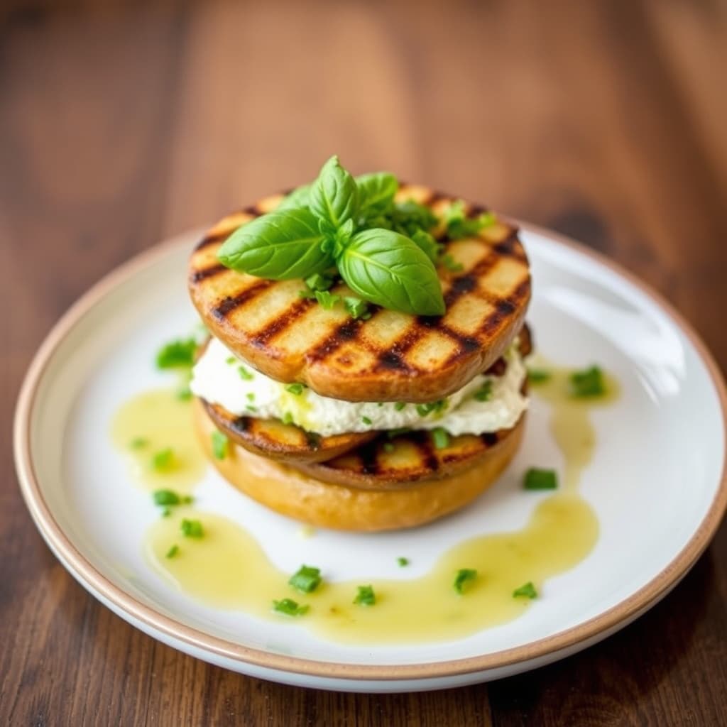 Grillet potet- og geitost-napoleon med basilikumvinaigrette