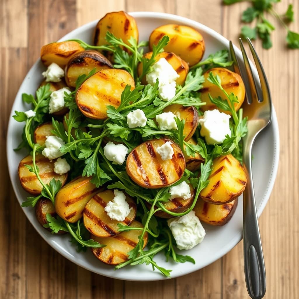 Grillet potetsalat med ruccola, geitost og sitron-sennep-tarragon vinaigrette