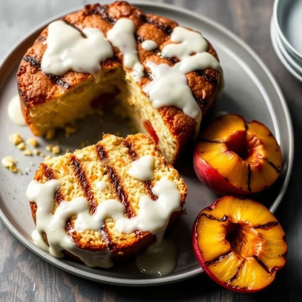 Grillet poundkake med kremostglasur og grillede ferskner