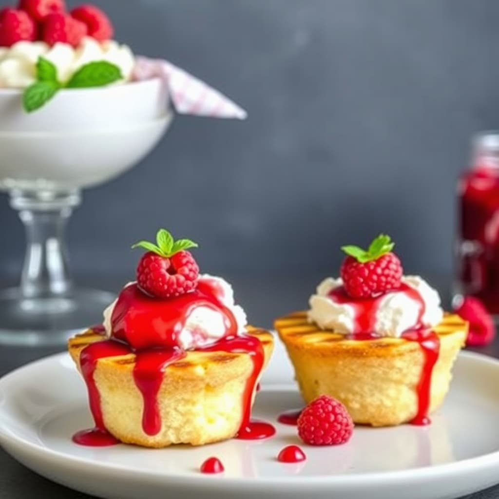 Grillet poundkake-sundae med bringebærsaus