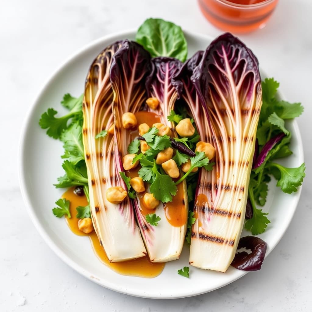 Grillet radicchio med endiv, vannkresse og krydret peanøttvinaigrette