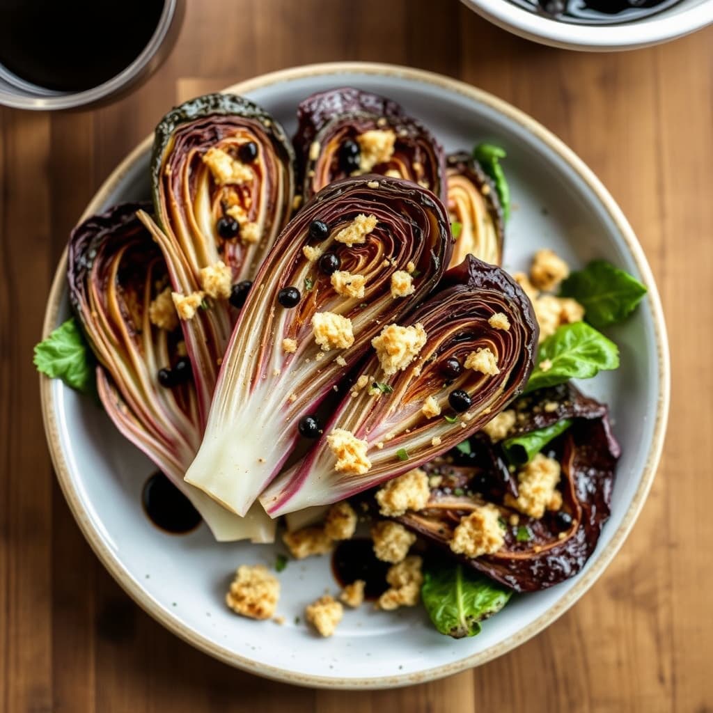 Grillet radicchio med krydrede brødsmuler og balsamico-reduksjon