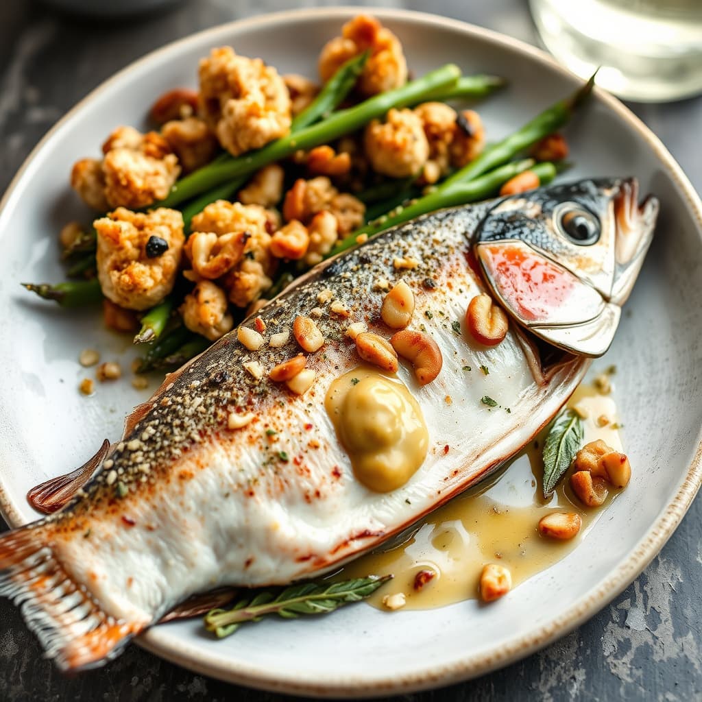 Grillet regnbueørret med pinjekjerner, smørfyll og salviesmør