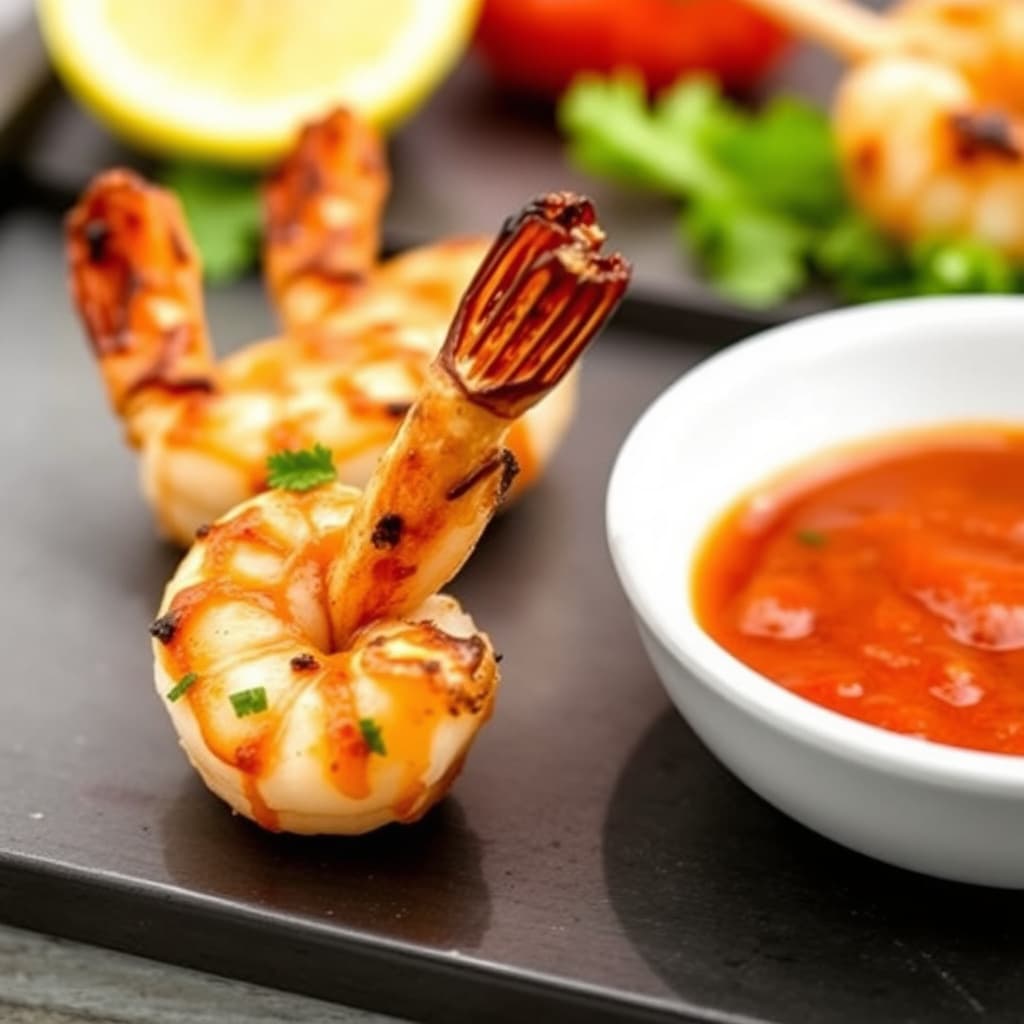 Grillet reker "Lollipop" med krydret mandelsaus