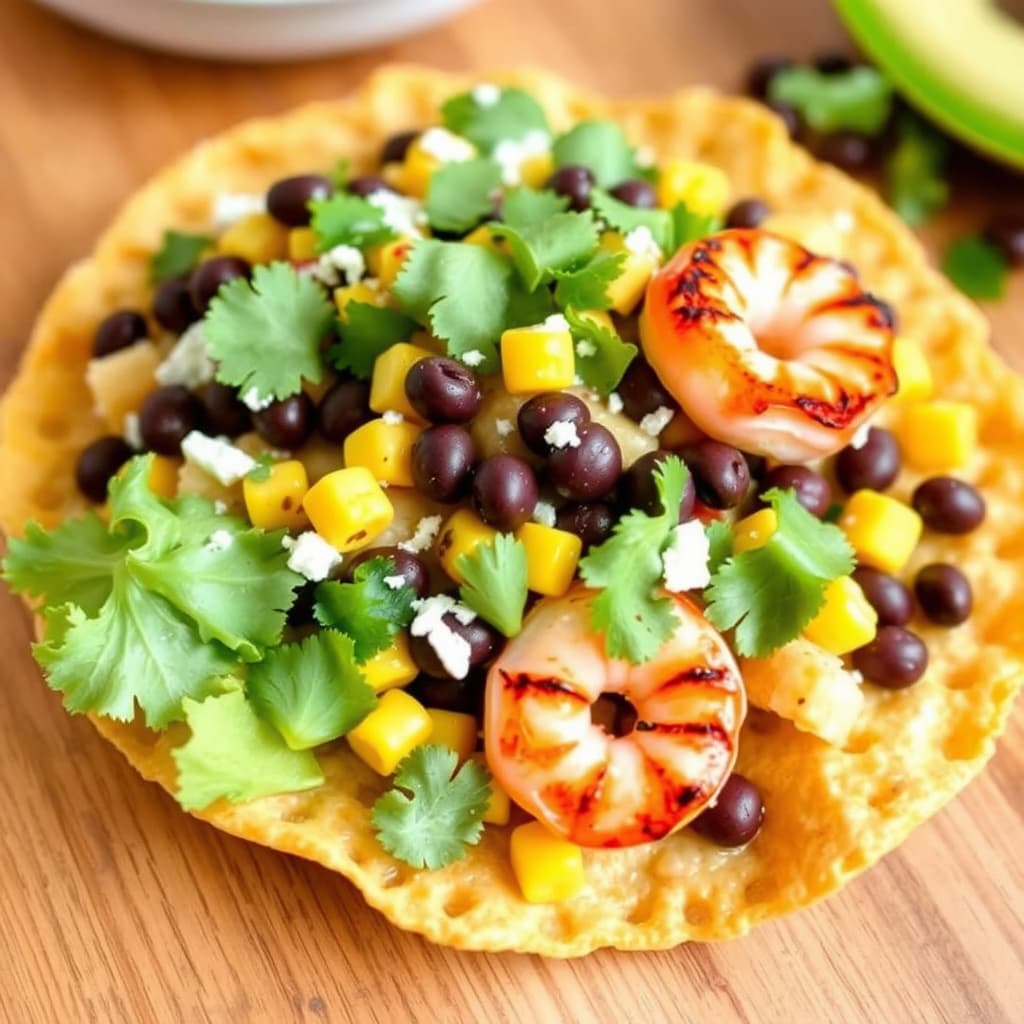 Grillet reker, mais og svartbønnetostadasalat