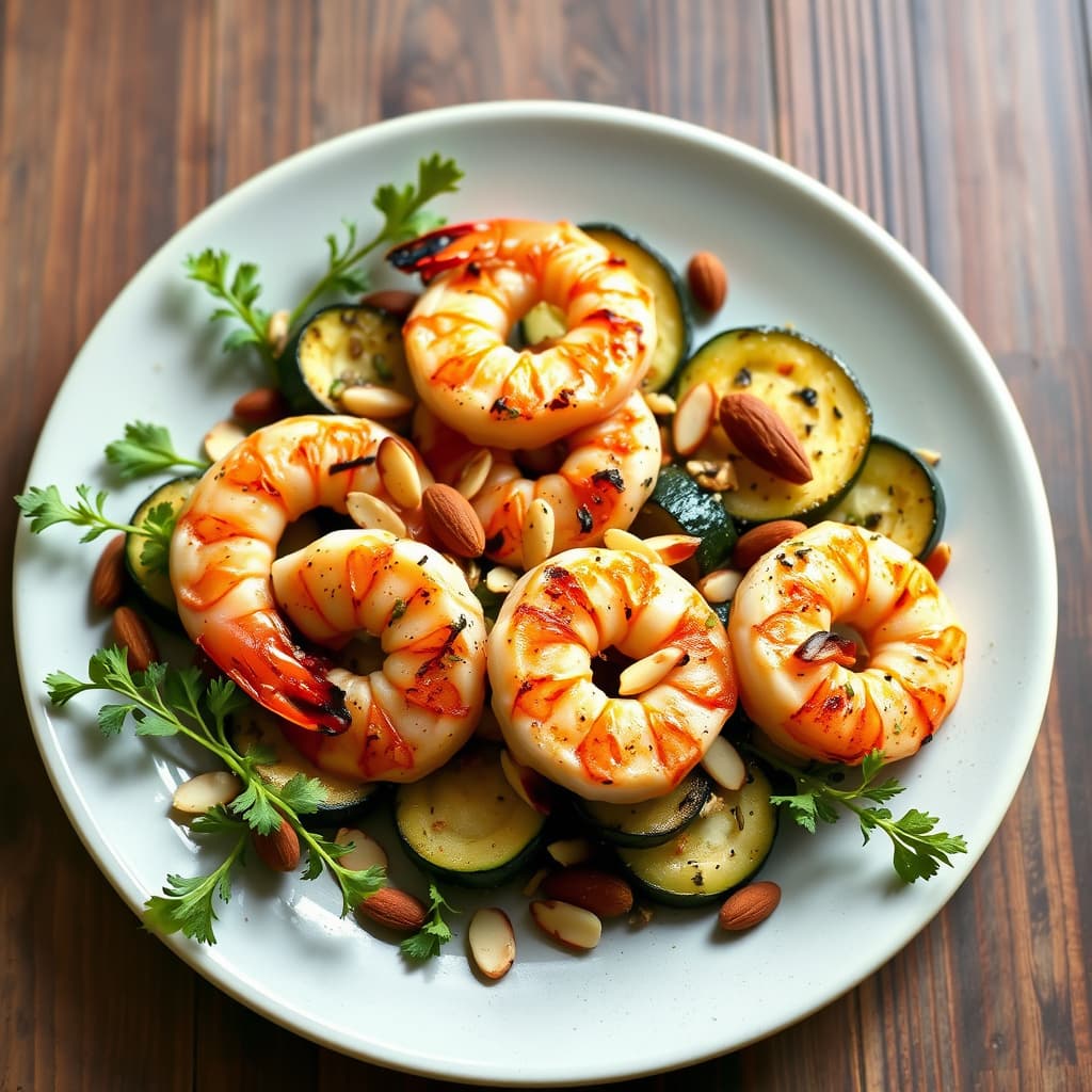 Grillet reker med squash, mandler og panelle