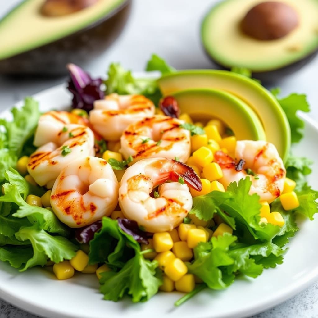 Grillet rekesalat med mais og avokado