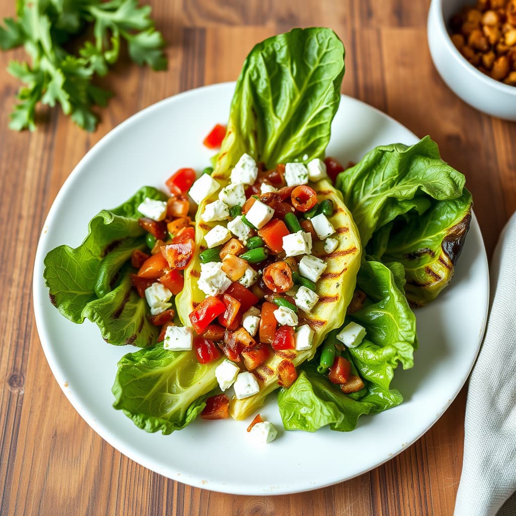 Grillet romanosalat med blåmuggost- og baconvinaigrette