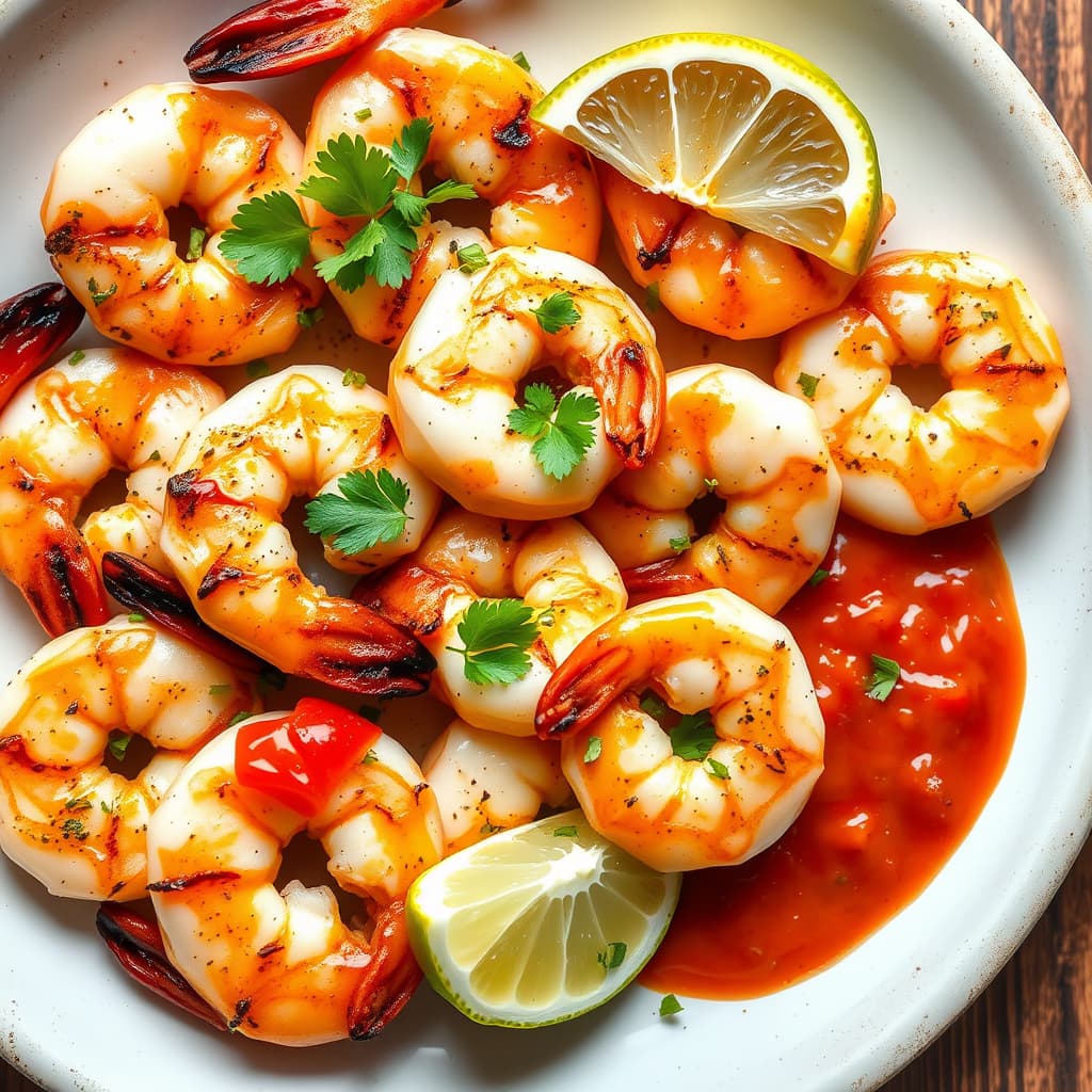 Grillet salt- og pepperreke med tomat- og horseradissaus, servert med limesaft