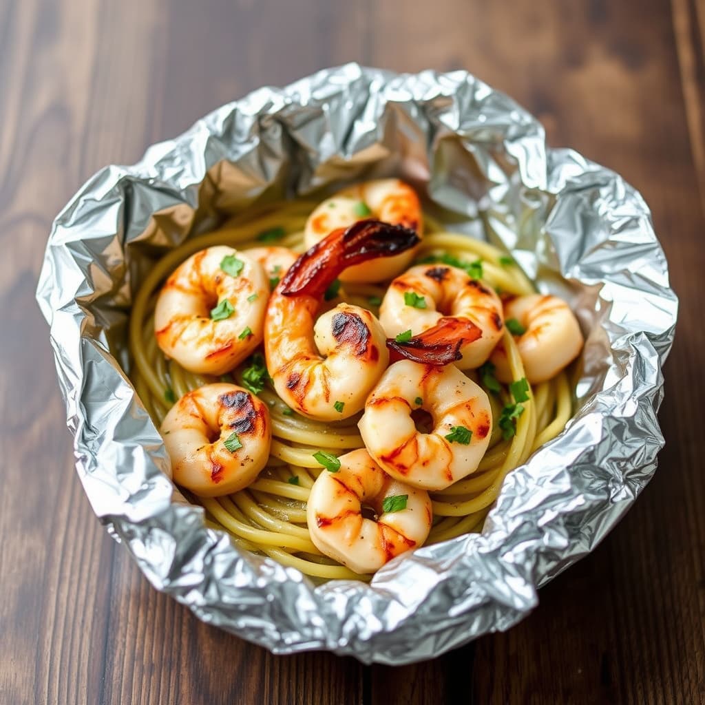Grillet scampi i aluminiumsfoliepakke