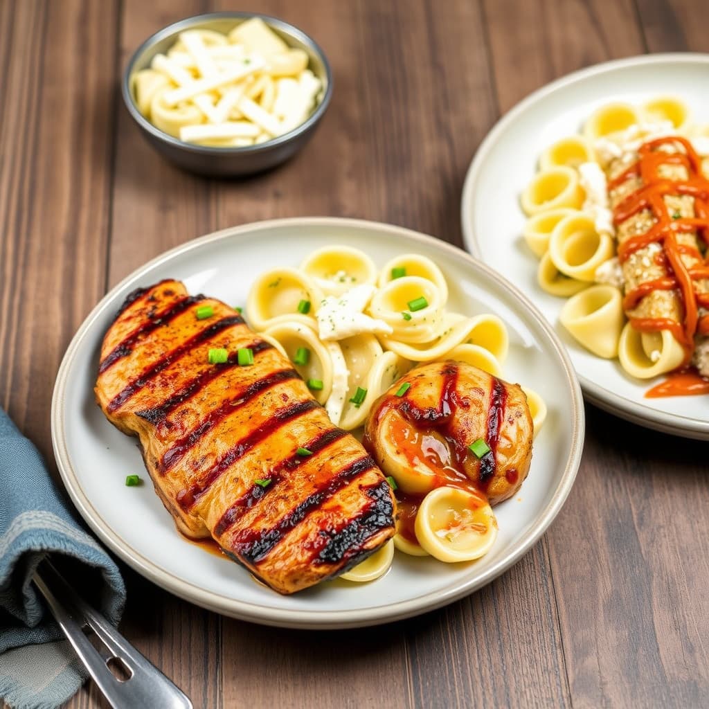 Grillet sesamkylling servert med tortellini Alfredo og tortellini Teriyaki