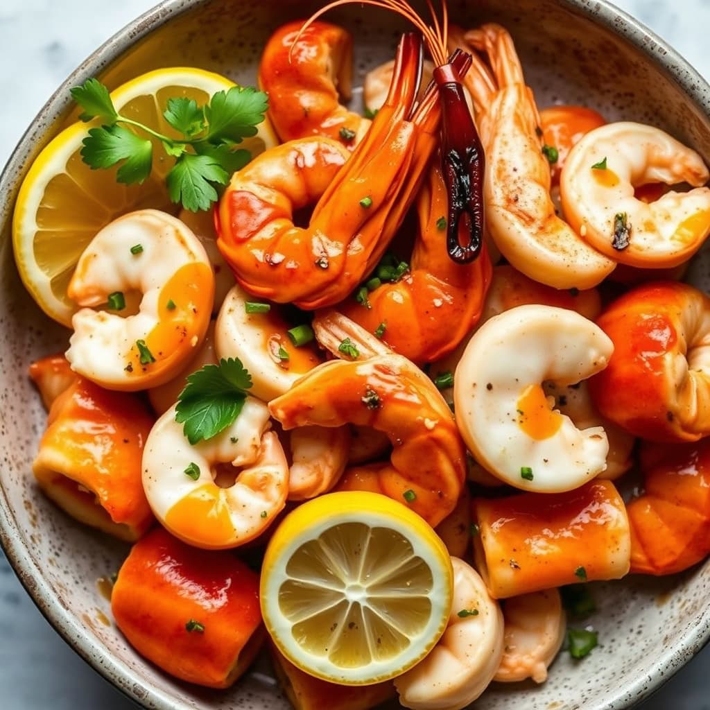 Grillet sjømat med paprika- og sitrondressing