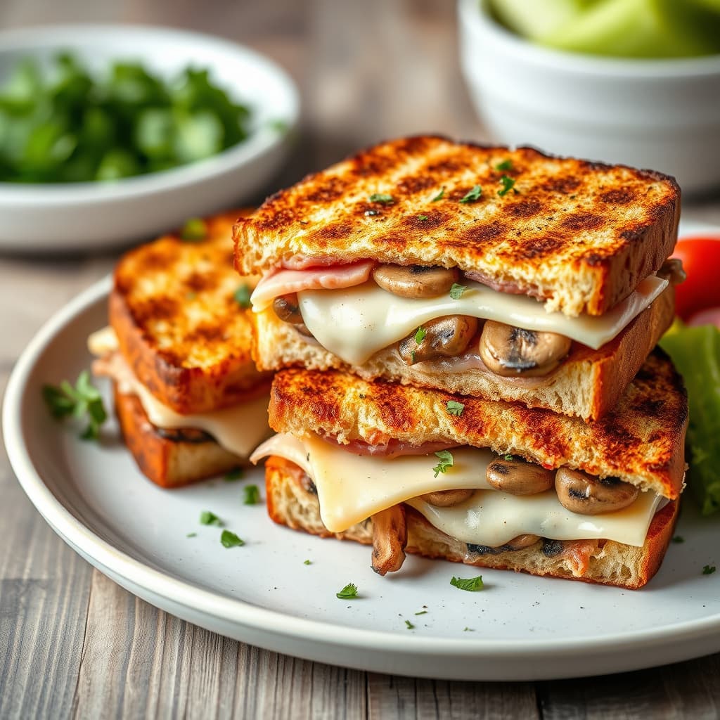 Grillet skinke-, ost- og soppsandwich