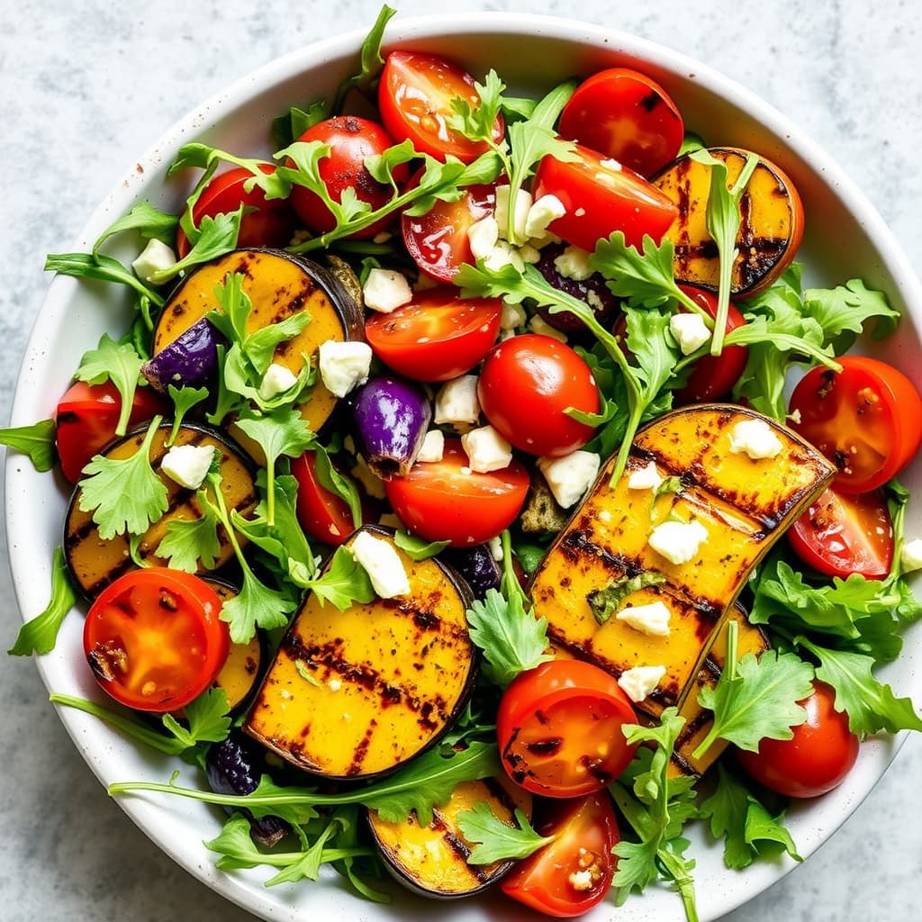 Grillet sommersquashsalat med ruccola, ranch-tomater og estragonvinaigrette