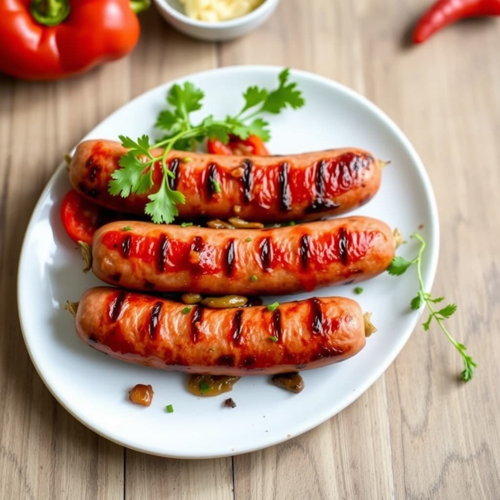 Grillet søt og sterk pølse med grillet løkmarmelade og røde paprika
