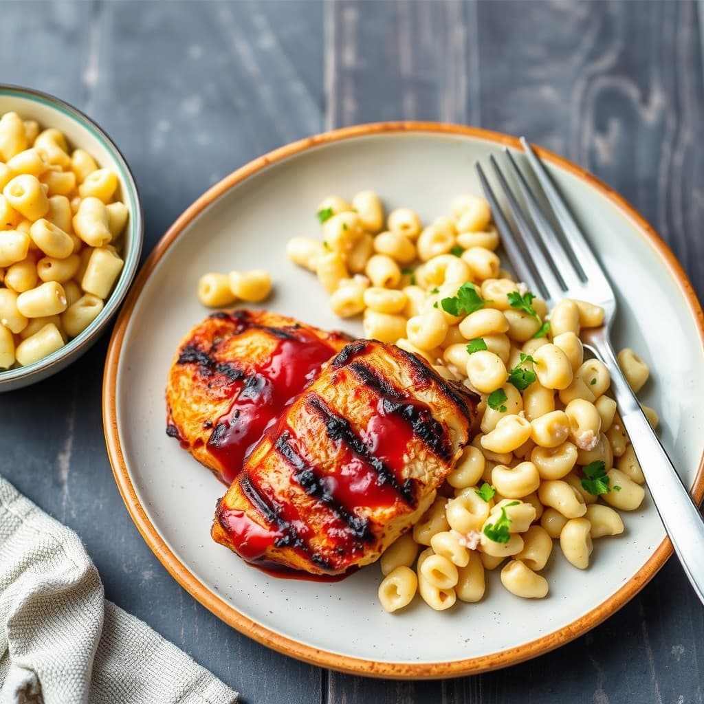 Grillet, spiddet BBQ-kylling med makaronisalat