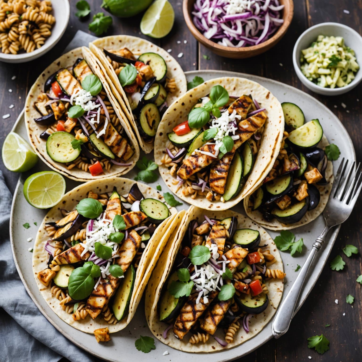Grillet squash, aubergine og rødløk fusilli med parmesanost, servert med teriyaki-kyllingtacos