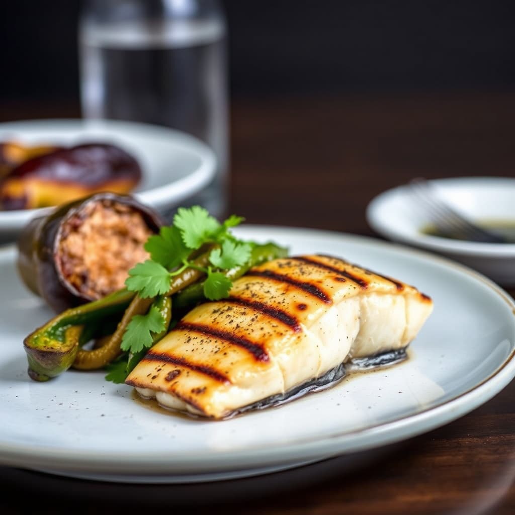 Grillet steinbryne med ovnsbakt aubergine og Poblano-pepper