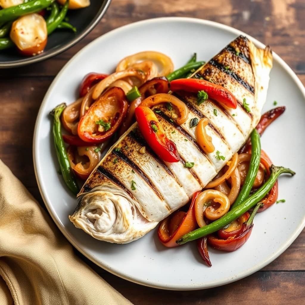 Grillet stripet bass med ildrøkte løk og paprika