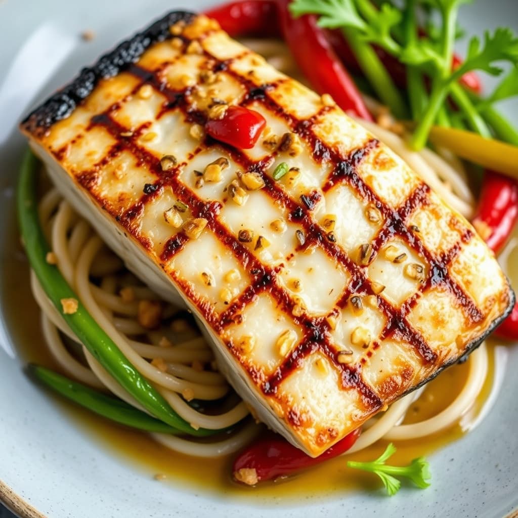 Grillet svart torsk med stekt hvitløk og chili