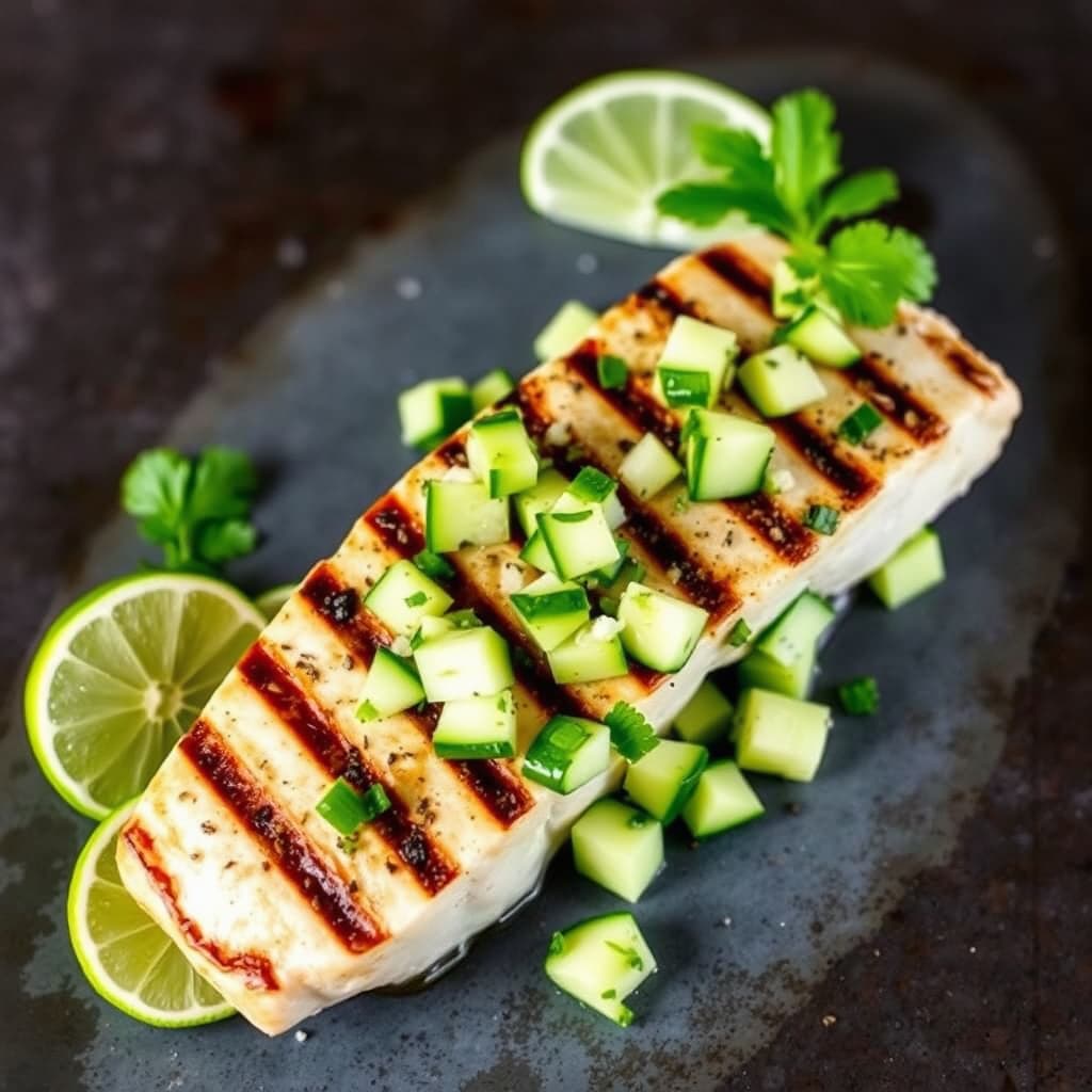 Grillet sverdfisk med agurk- og limesalsa