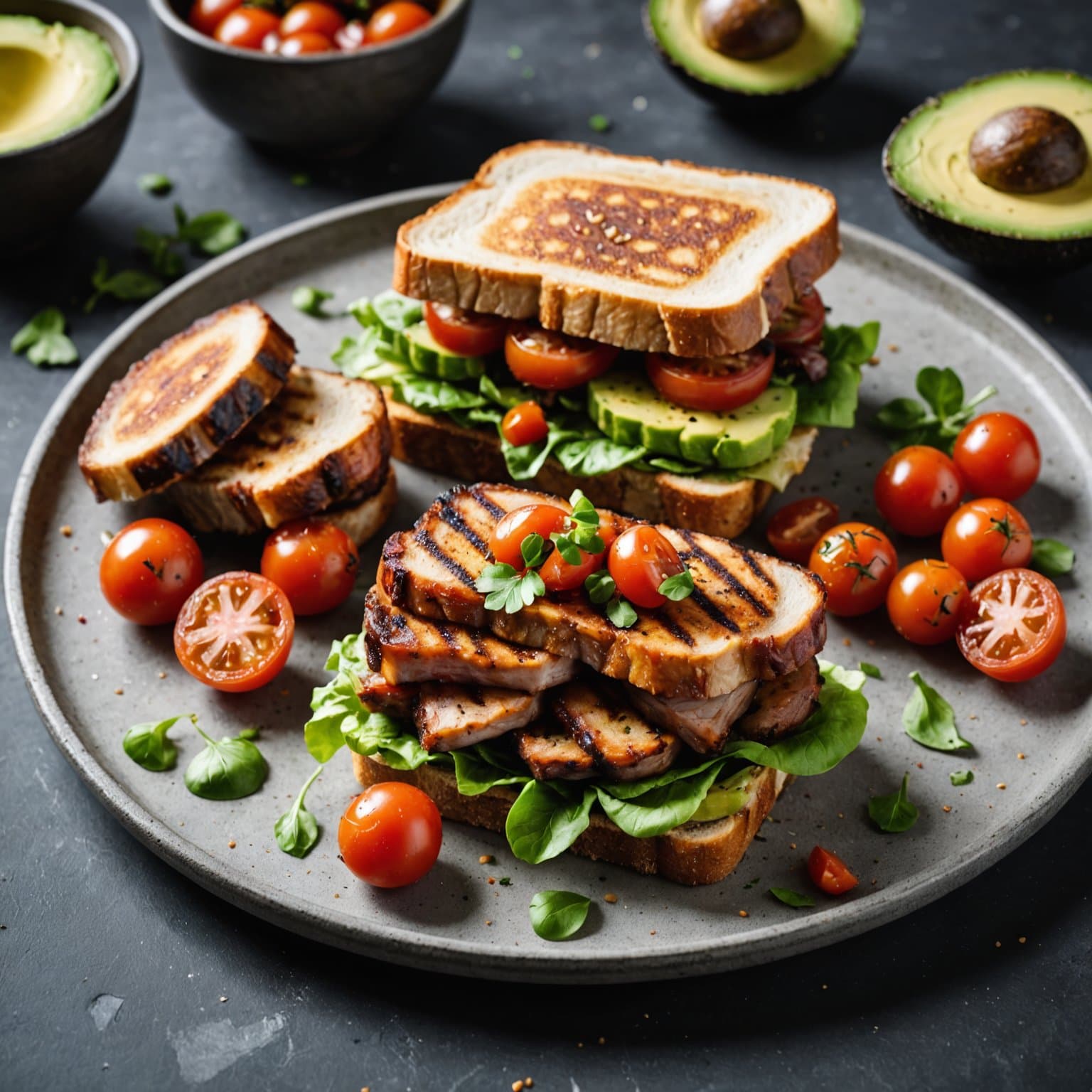 Grillet svinebryst-BLT med stekte tomater og avokado