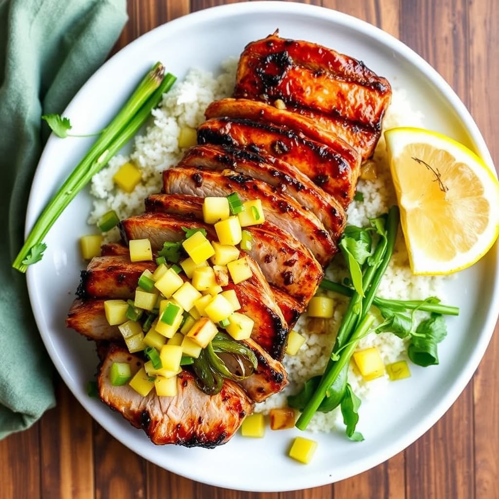 Grillet svinekjøtt marinert i hoisinsaus med ananas og grillede vårløk-tilbehør