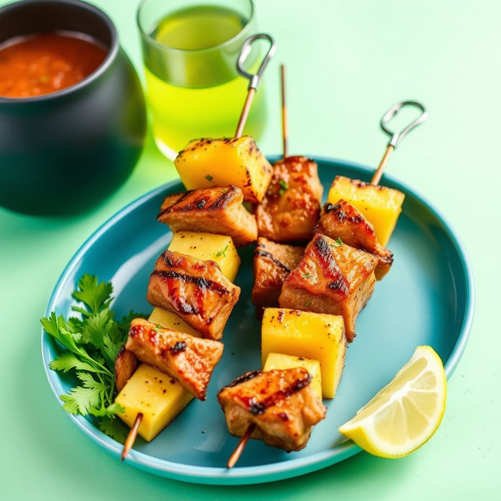 Grillet svinekjøtt- og ananas-spyd med achiotesaus