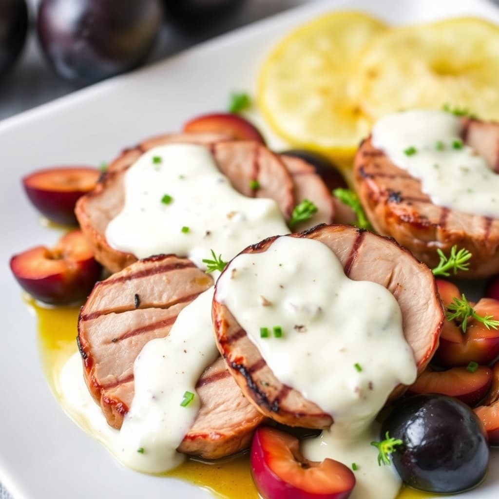 Grillet svinenakke og plommer med kremet geitostsaus