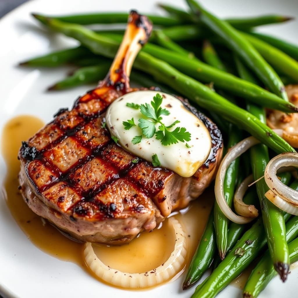 Grillet tandoori-yogurtdrevet lammeskulder med grillede løk og grønne bønner