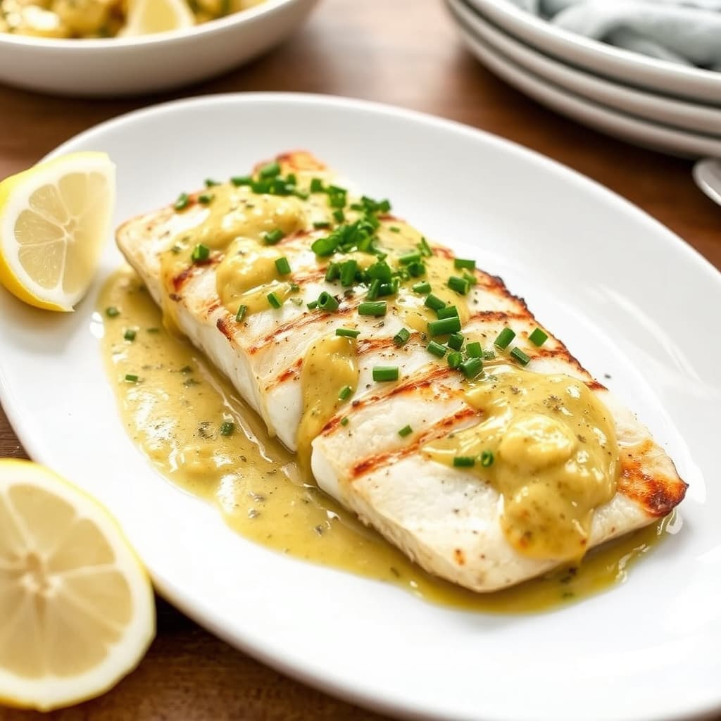 Grillet tilapia med senneps- og gressløkssaus