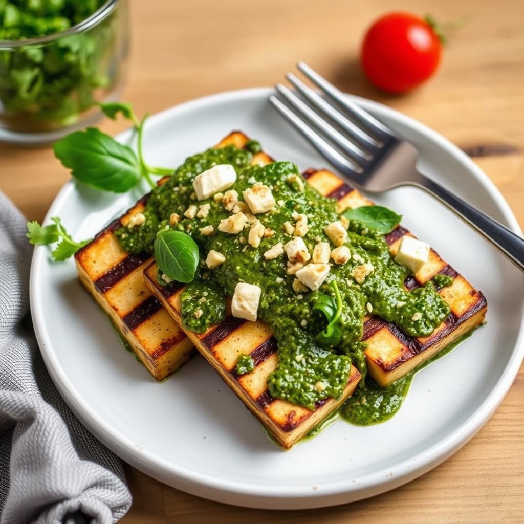 Grillet tofu med asiago- og valnøttpesto