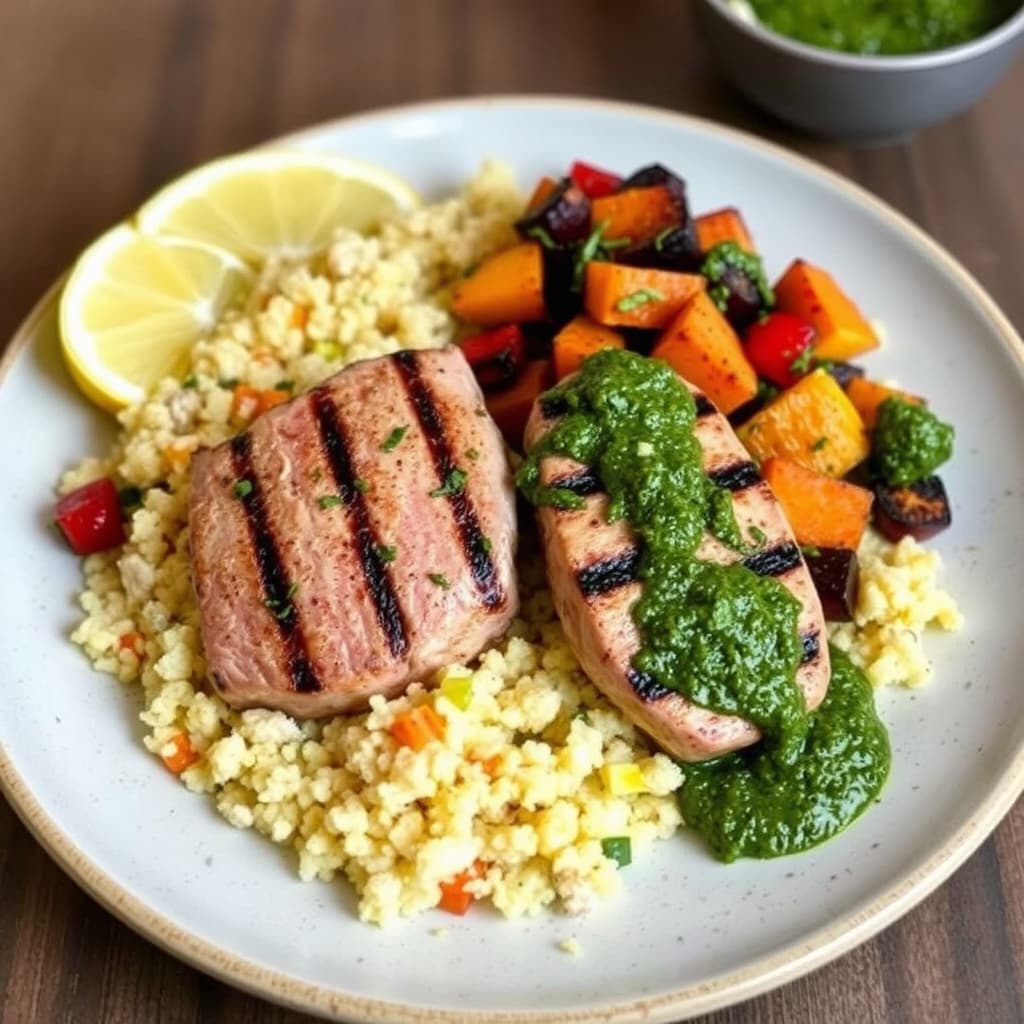 Grillet tunfisk med grillet ratatouille, couscous og dekonstruert pesto