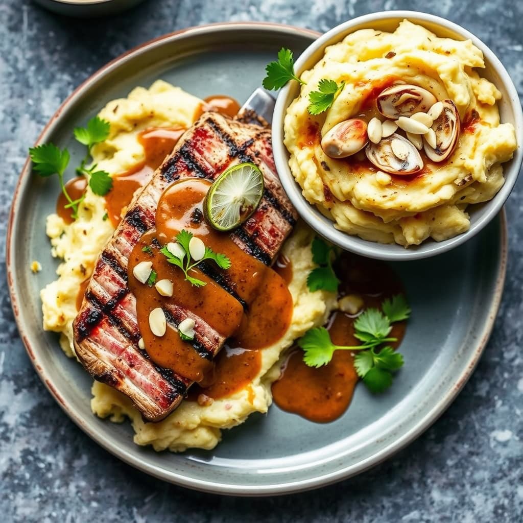 Grillet tunfisk med skalldyrmole-saus og ristet mandelmos