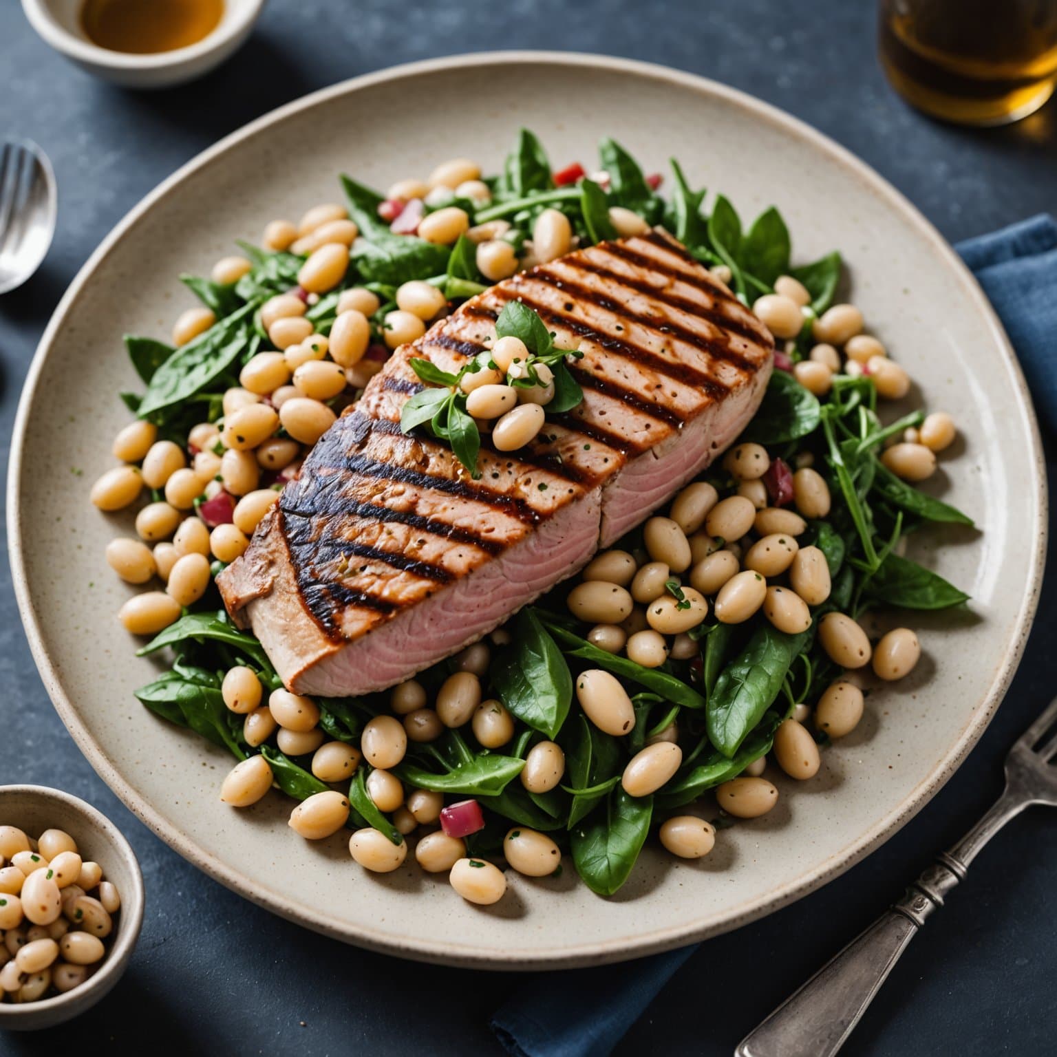 Grillet tunfisk med varm hvit bønnesalat