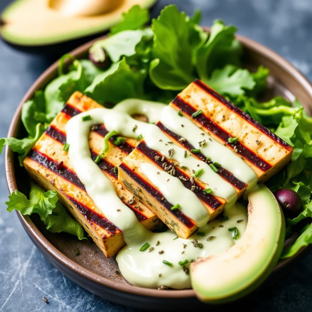 Grillet urterik tofu med avokadokrem