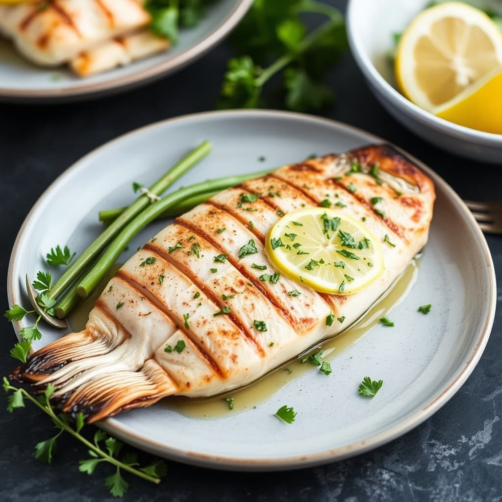 Grillet, utbakt ørret med sitron- og persille-smør