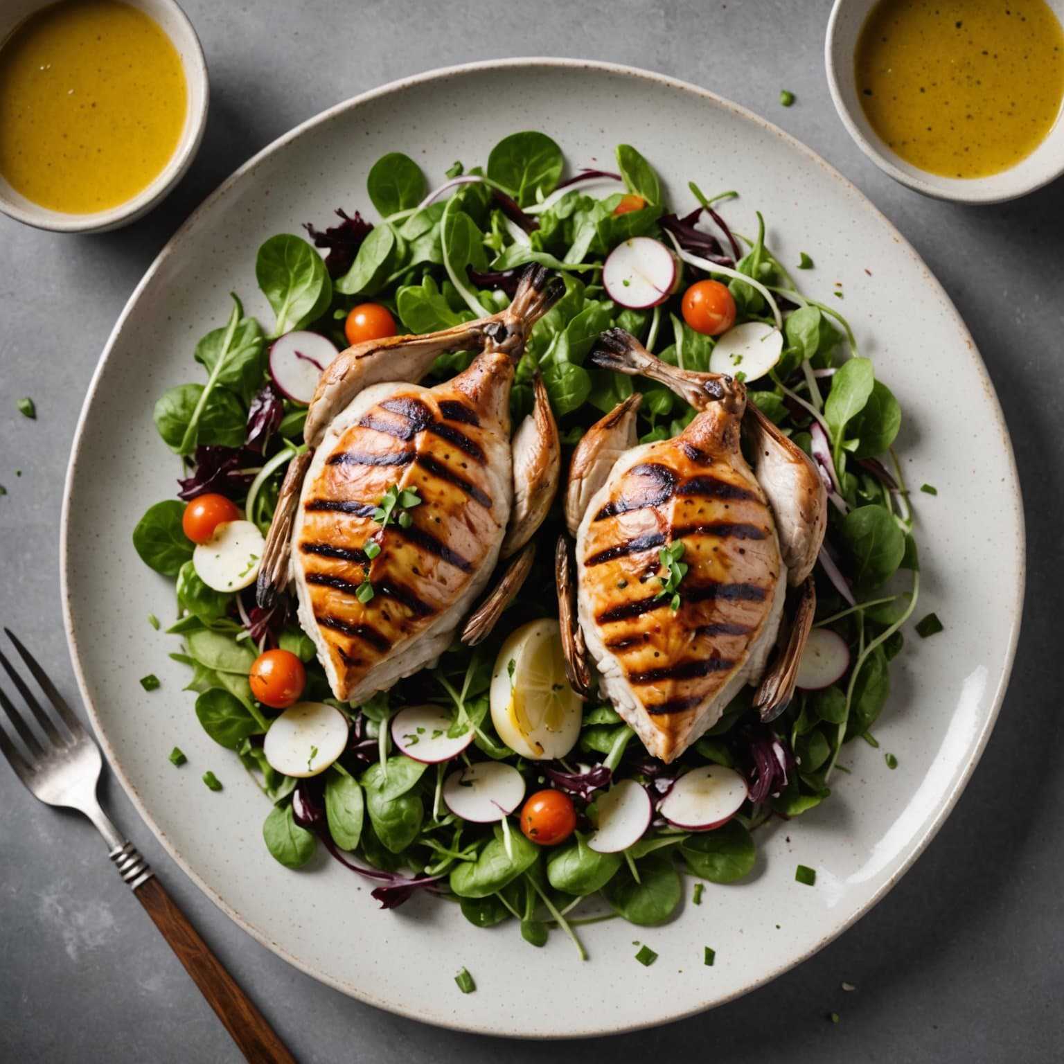 Grillet vaktel-salat med kremet hvitløksvinaigrette