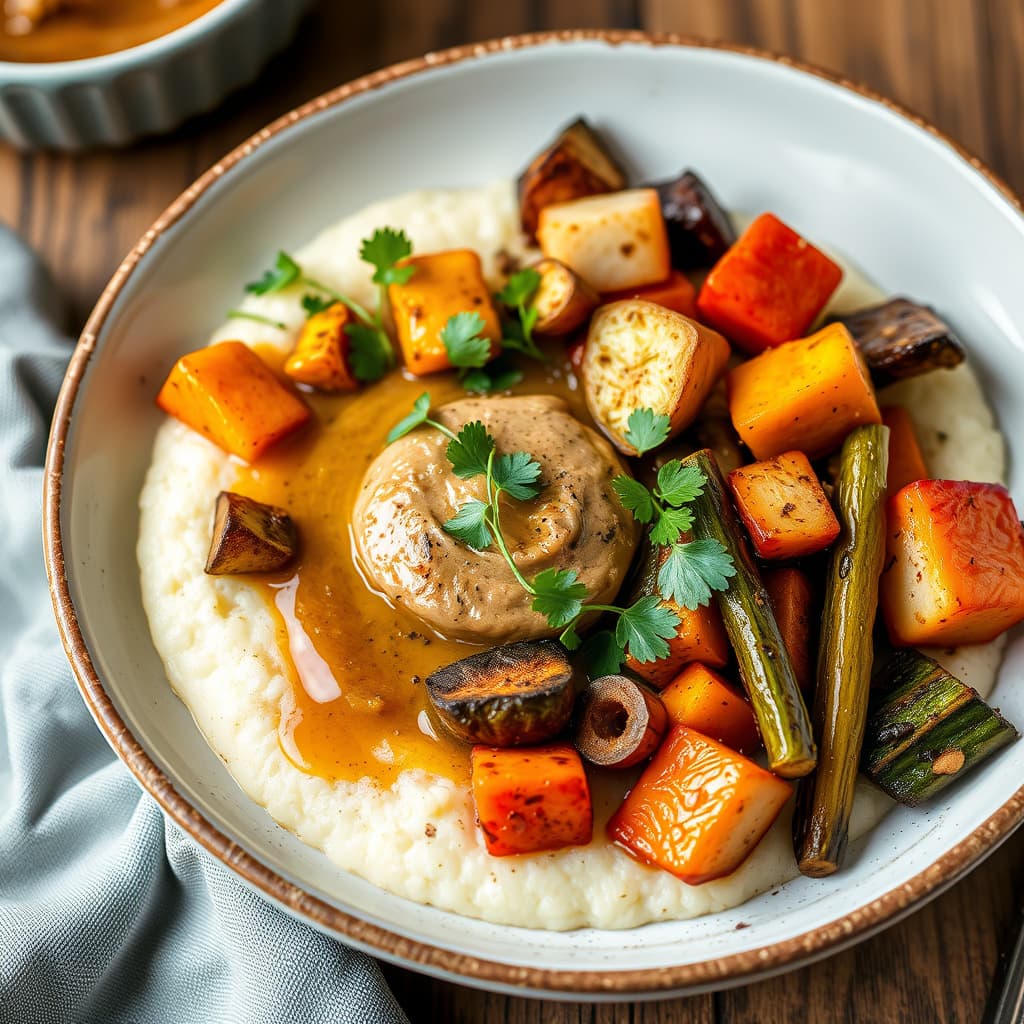 Grits og ovnsbakte grønnsaker med hasselnøttsmør
