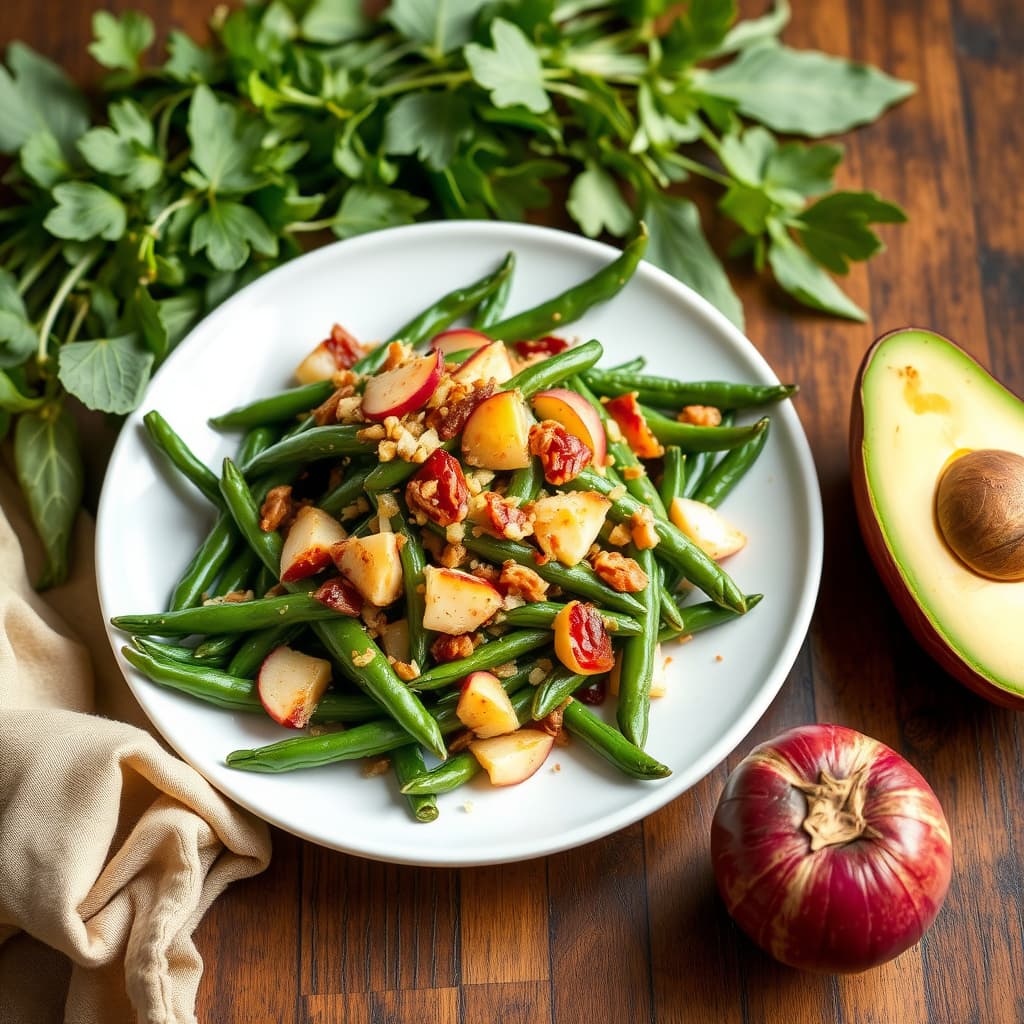 Grønn bønnesalat med kandisert kvitten og stekte sjalottløk