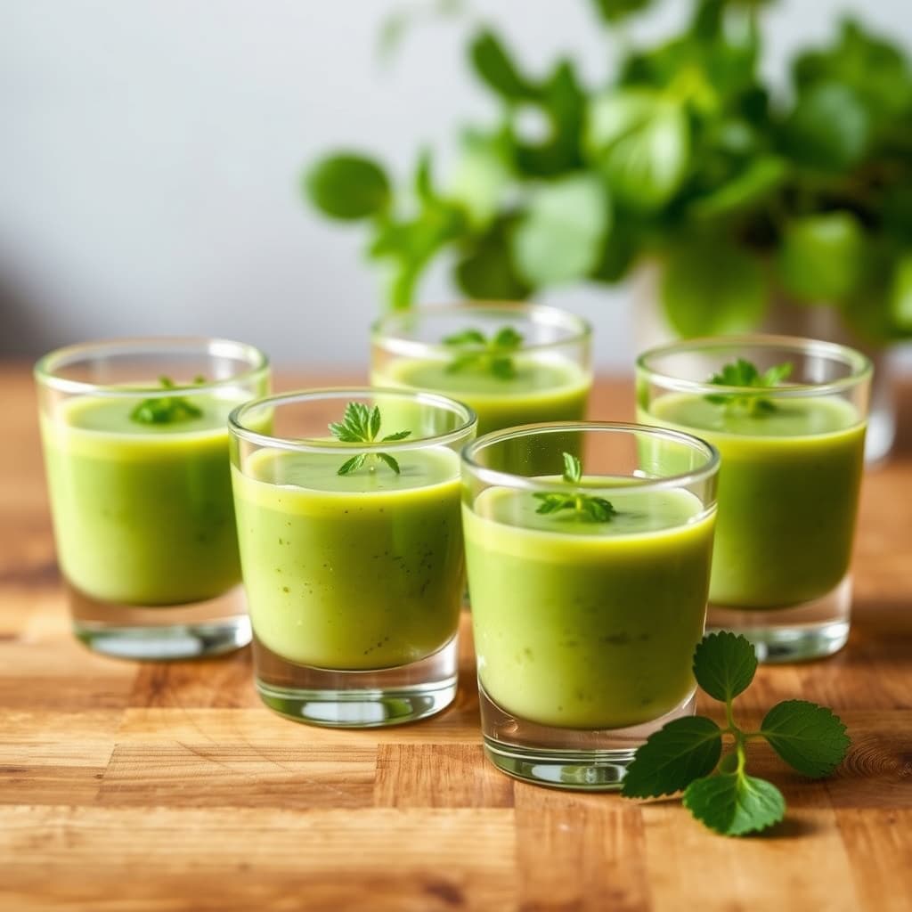 Grønn gazpachosuppe i små glass
